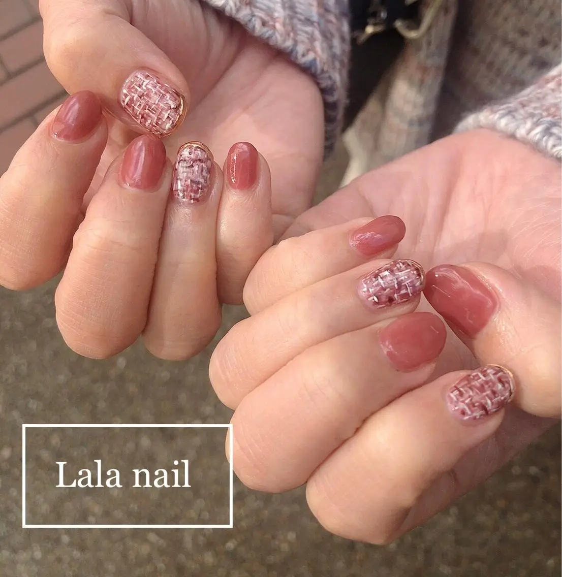 ネイル ミラーネイル ピンク ツイードネイル 冬ネイル Lala nailのネイルデザイン