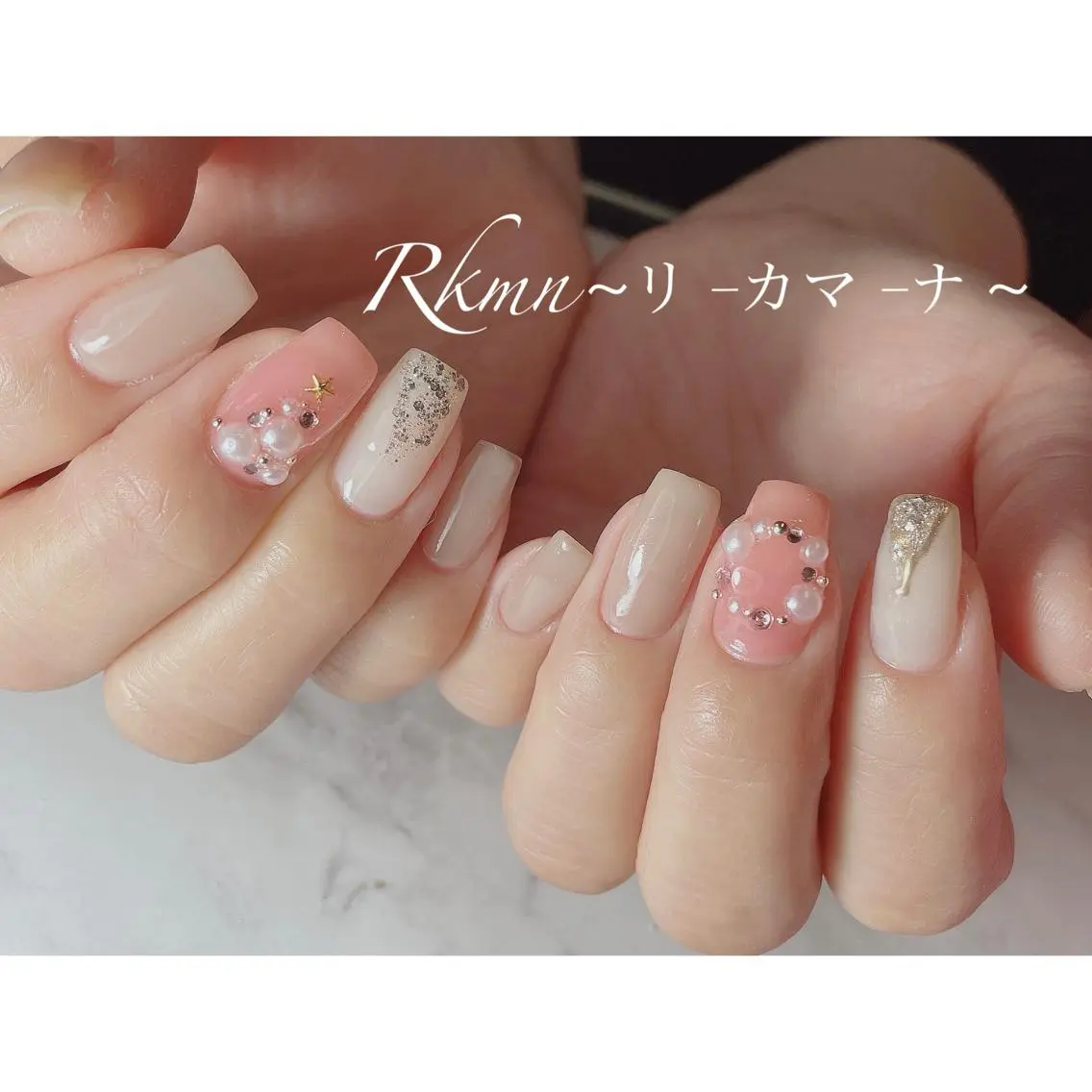 ネイル アートネイル ピンク 春ネイル スクエアネイル ホワイト ハンドネイル フットネイル ハンドケア Rkmn ~リ-カマ-ナ~のネイルデザイン