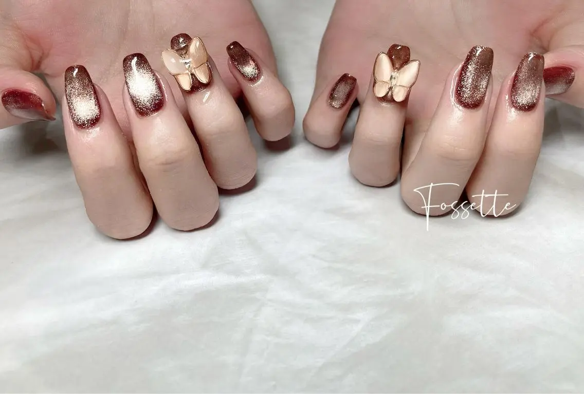 ネイル ブラウン 韓国ネイル マグネットネイル ワンカラーネイル ハンドネイル nailsalon Fossetteのネイルデザイン