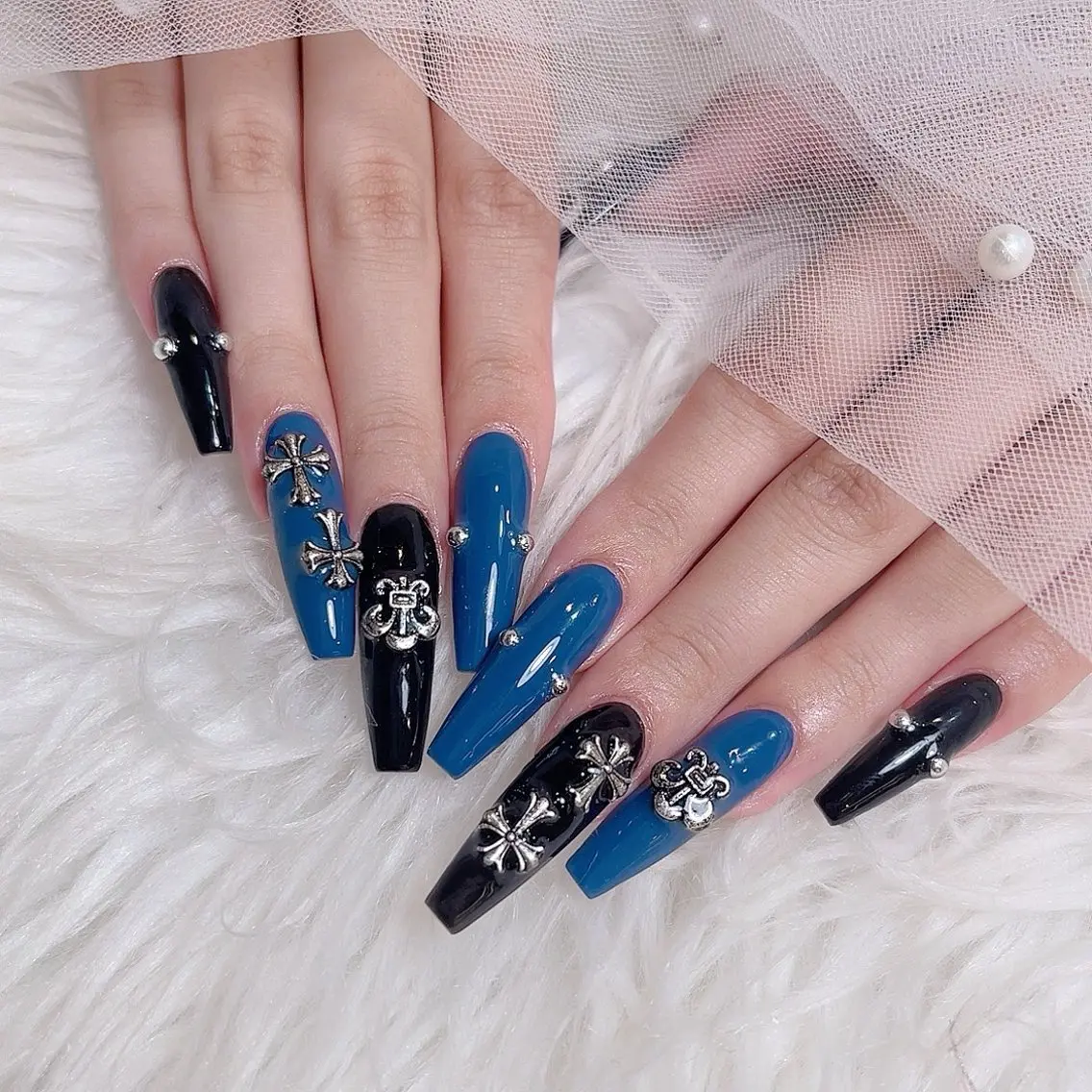 ネイル ブルー 韓国ネイル ロングネイル シルバー Sora NAILのネイルデザイン