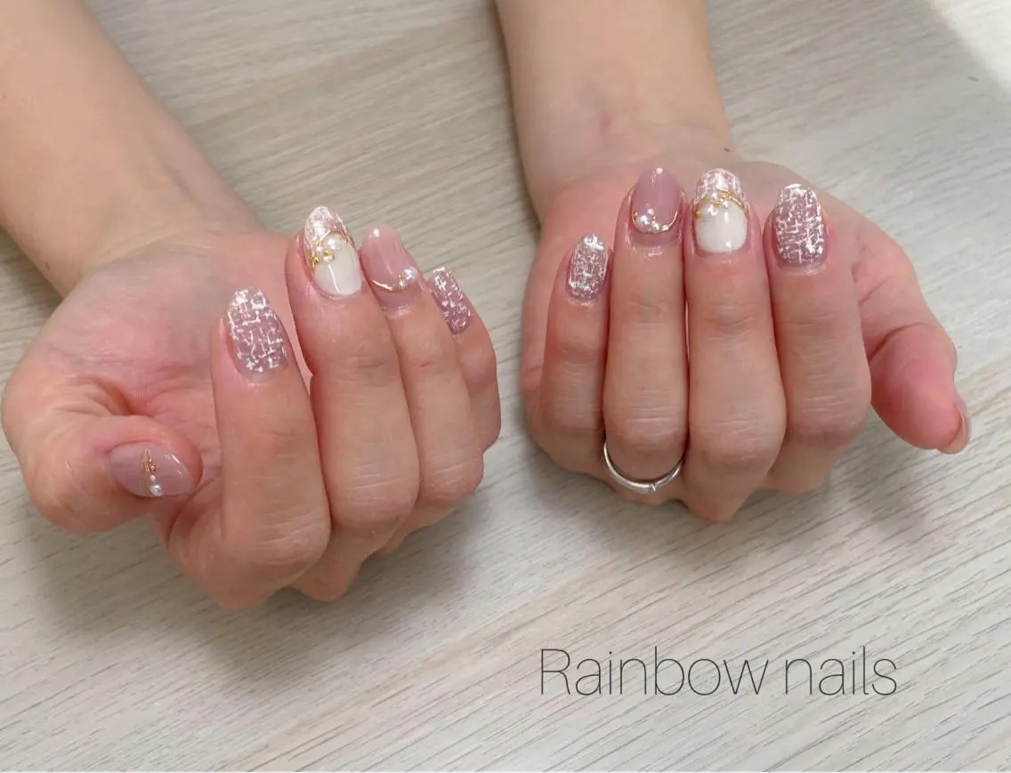 ネイル ピンク ツイードネイル Rainbow nailsくろちゃんのネイルデザイン