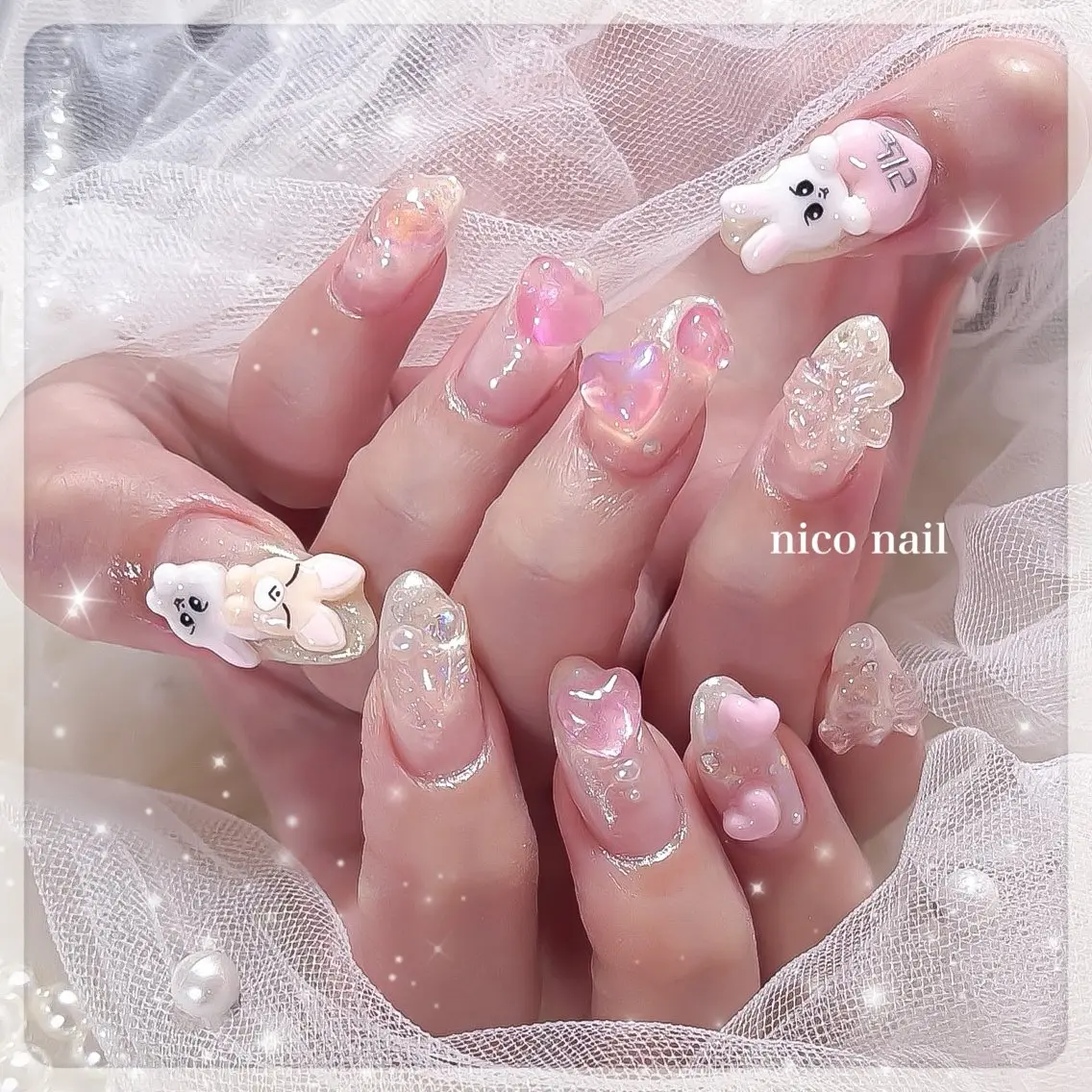 ネイル クリアネイル ガーリー ハート キラキラネイル ラメ(グリッター) 三鷹🎀韓国ネイル/ niconail🪄のネイルデザイン