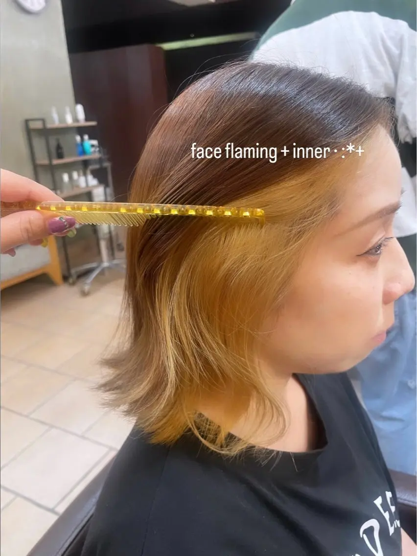ミディアム カラー かきあげバング 顔周りレイヤー☆ スパ☆石上遥楓のヘアスタイル