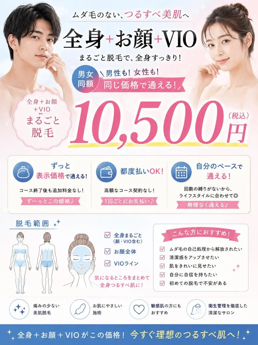 ミニモ限定プラン』全身お顔VIO「うなじ込み」¥20000円→¥10500円の写真