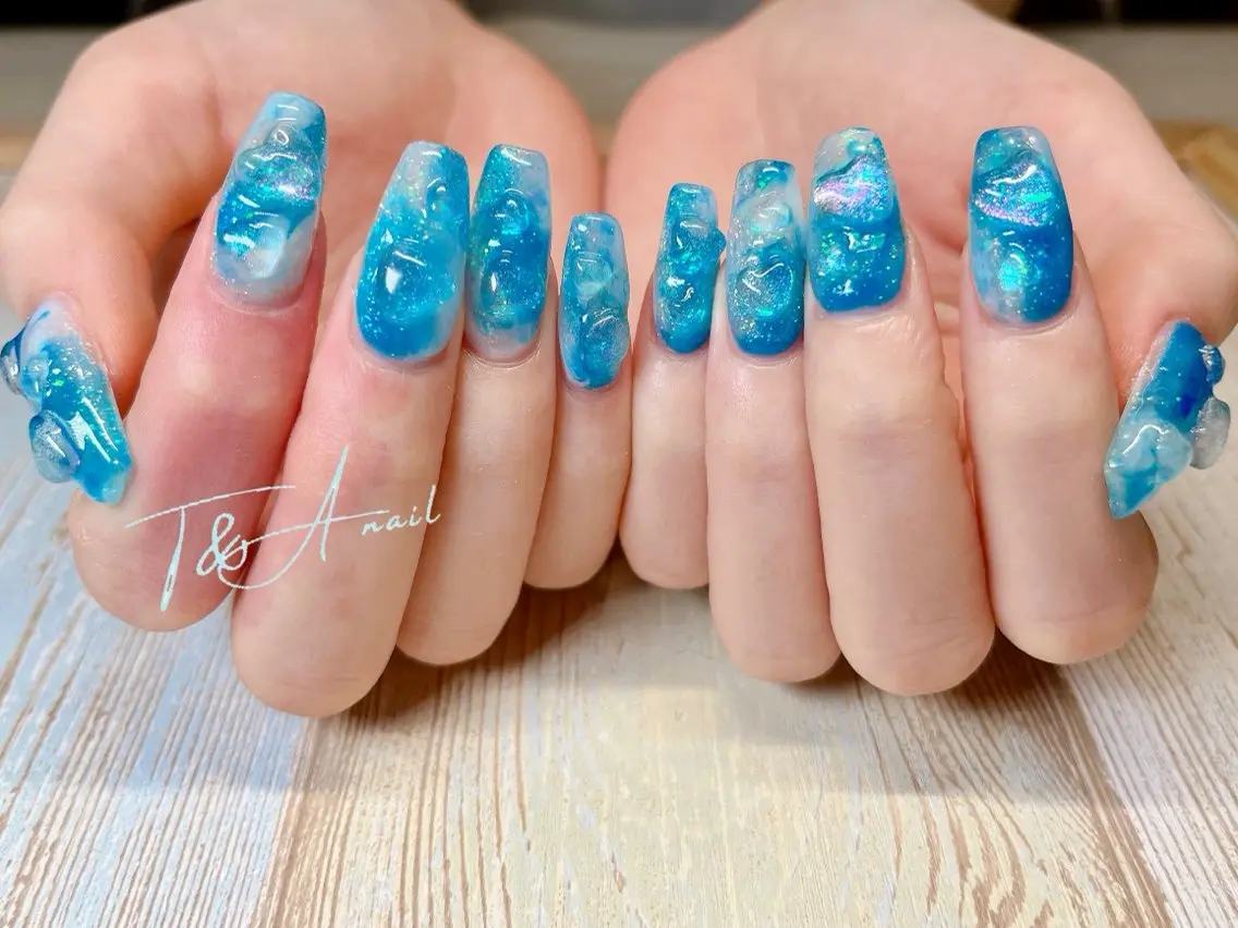 ネイル ブルー 長さ出し ジェルネイル ハート 氷ネイル・うるうるネイル T&A nailのネイルデザイン