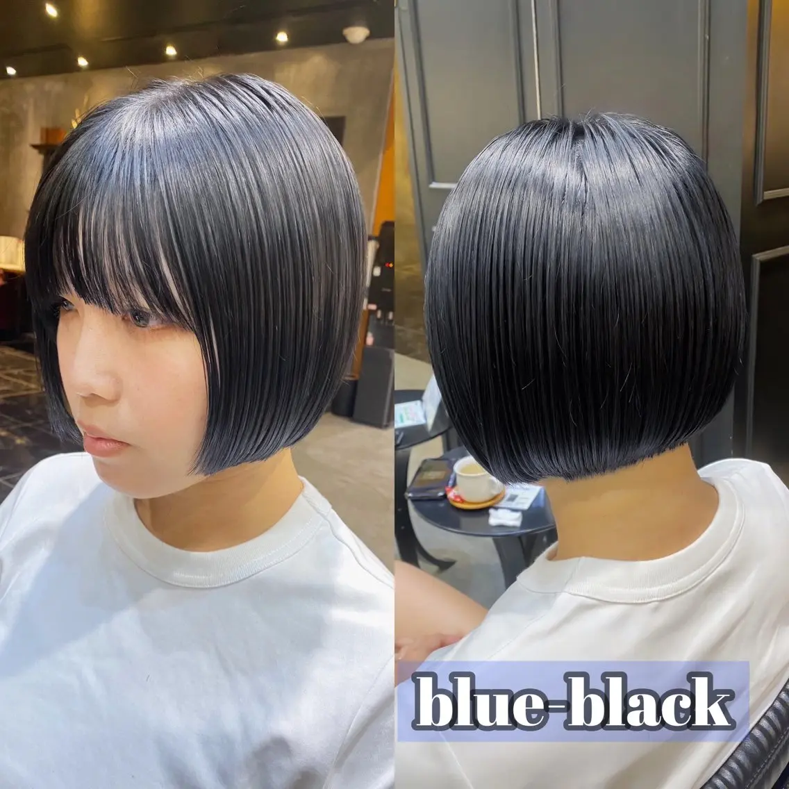 ショート カラー 黒髪 ブルーカラー ブルーブラック ボブ カット ヘアカラー 透明感カラー🌿 グレージュ🐺陽介のヘアスタイル