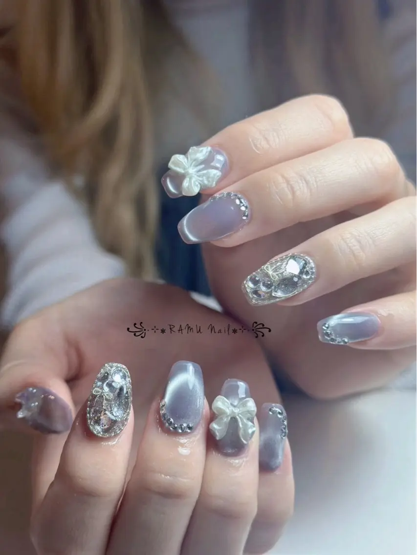 ネイル キラキラネイル マグネットネイル ミラーネイル ピンク 春ネイル ハンドネイル RAMU Nail 恵比寿店のネイルデザイン
