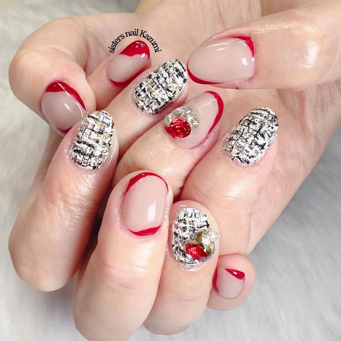 ネイル アートネイル マットネイル 赤色 ツイードネイル ホワイト sisters nail.fのネイルデザイン