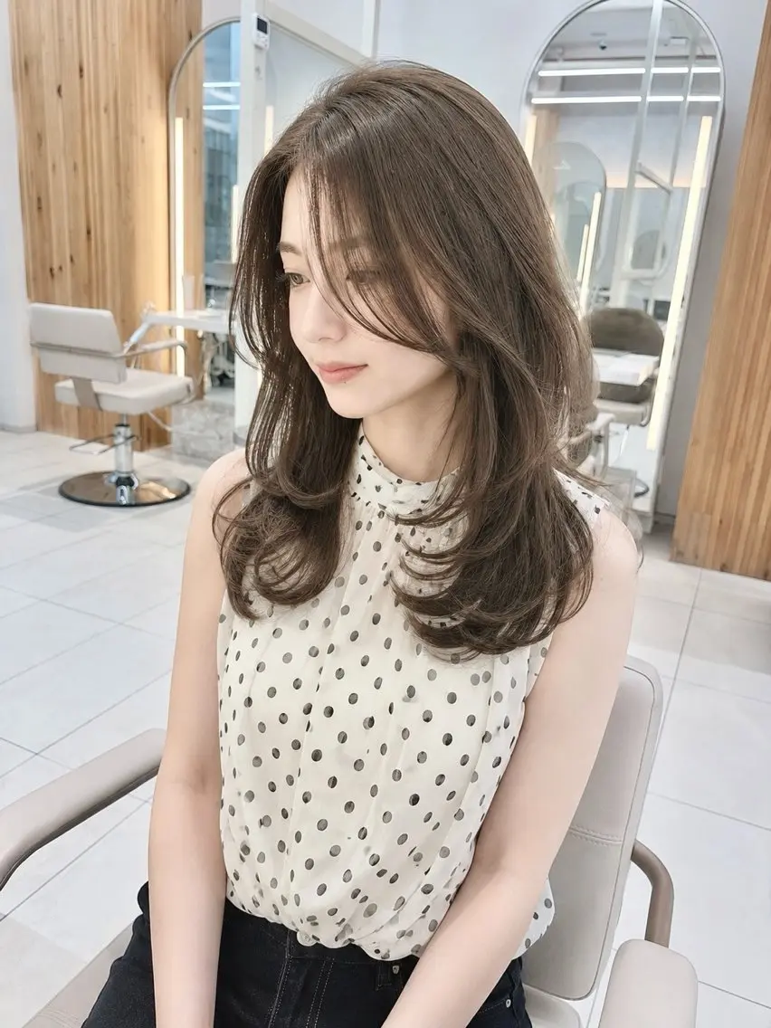 ミディアム カット ヘアカラー トリートメント かなこ/ミディアム レイヤー／ワンカールのヘアスタイル