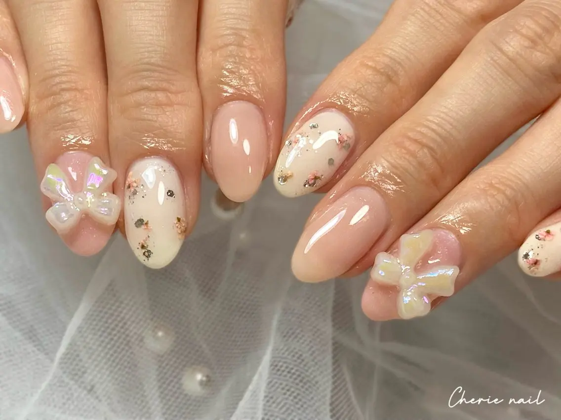 ネイル フラワーネイル ジェルネイル ピンク リボン 春ネイル ハンドネイル Cherienail yunaのネイルデザイン