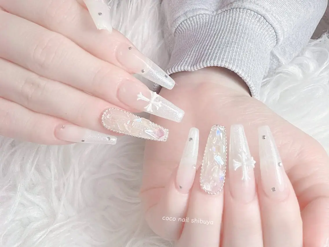ネイル 成人式 大理石ネイル(マーブル) リボン 夏ネイル ネイルチップ ハンドネイル Mei Salon 長さ出し専門店のネイルデザイン
