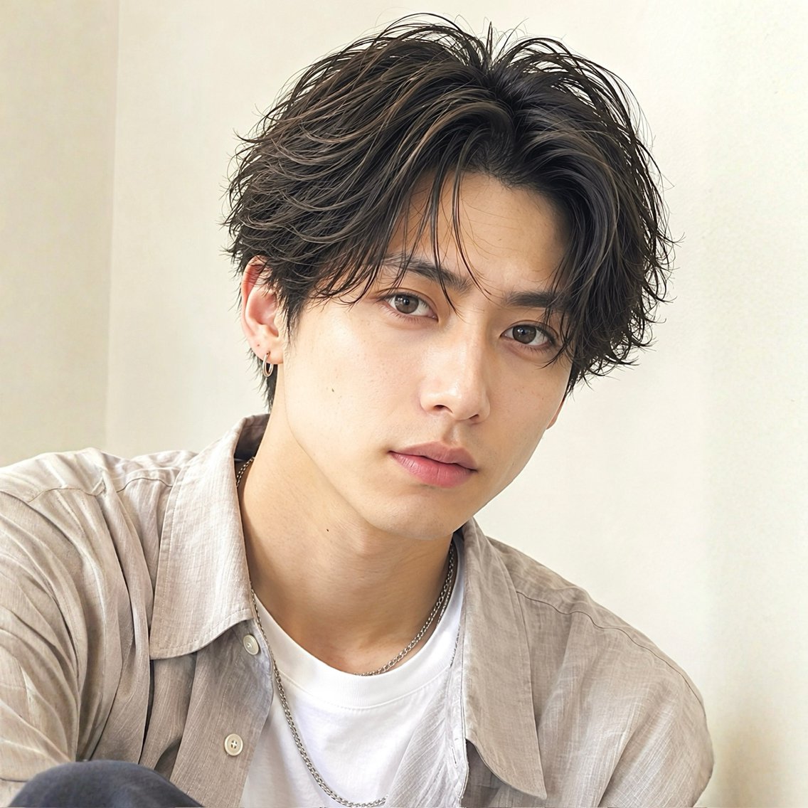 ミディアム パーマ メンズ ミディアムパーマ メンズバレイヤージュ メンズハイライト メンズパーマ くせ毛 カット パーマ メンズショート/ センターパート/片山のヘアスタイル