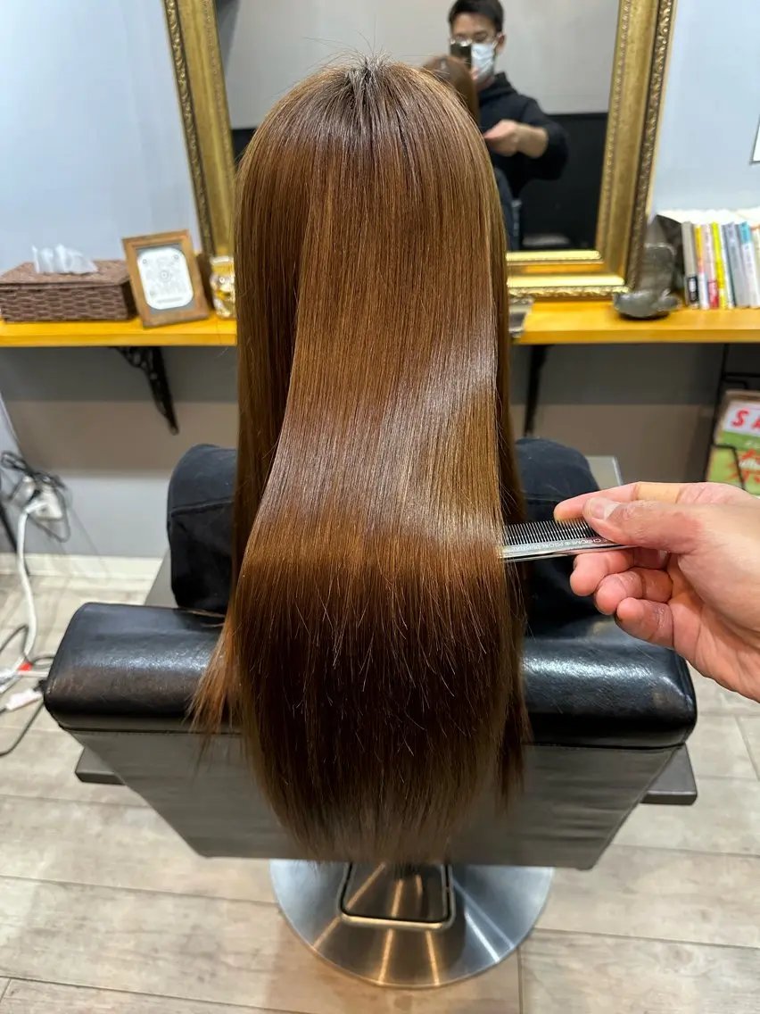 ロング パーマ カット 縮毛矯正 渡辺俊介 暗髪カラー /美髪矯正/髪質改善のヘアスタイル