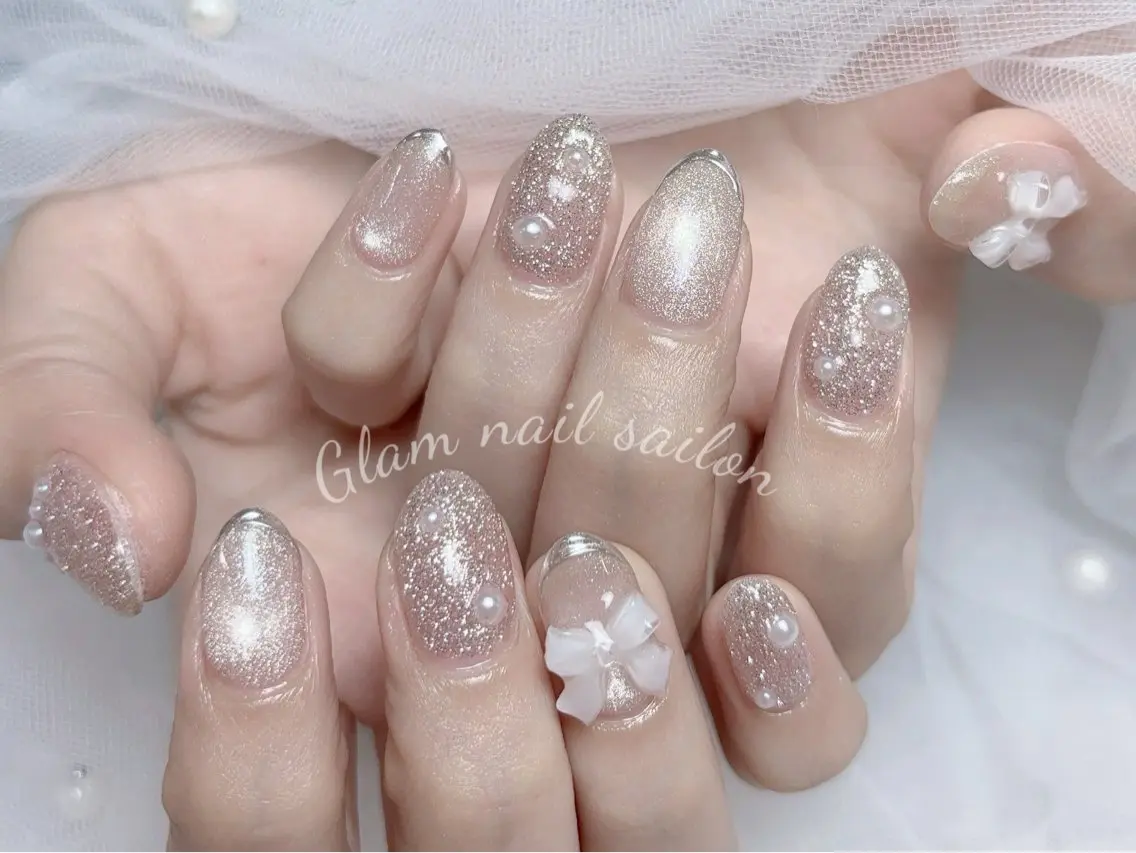 ネイル ハンドネイル エツメ💅 長さ出し🎀デザインのネイルデザイン
