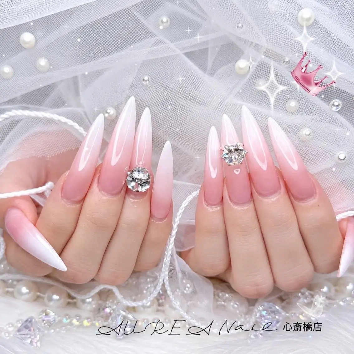 ネイル 長さ出し ハート キラキラネイル 韓国ネイル ロングネイル ハンドネイル ハンドケア Mina Aurea Nailのネイルデザイン
