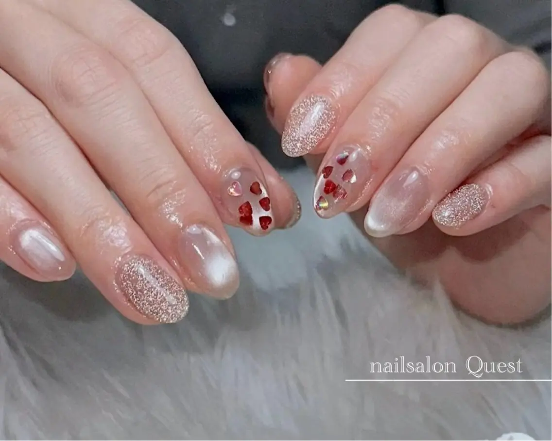 ネイル フラッシュネイル ハート キラキラネイル マグネットネイル バレンタイン nailsalon Questのネイルデザイン