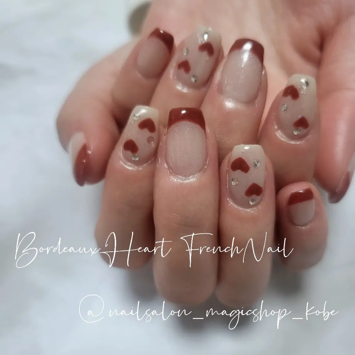 ネイル ボルドー フレンチネイル ジェルネイル ハート ラメ(グリッター) ハンドネイル Nailsalon MagicShopのネイルデザイン