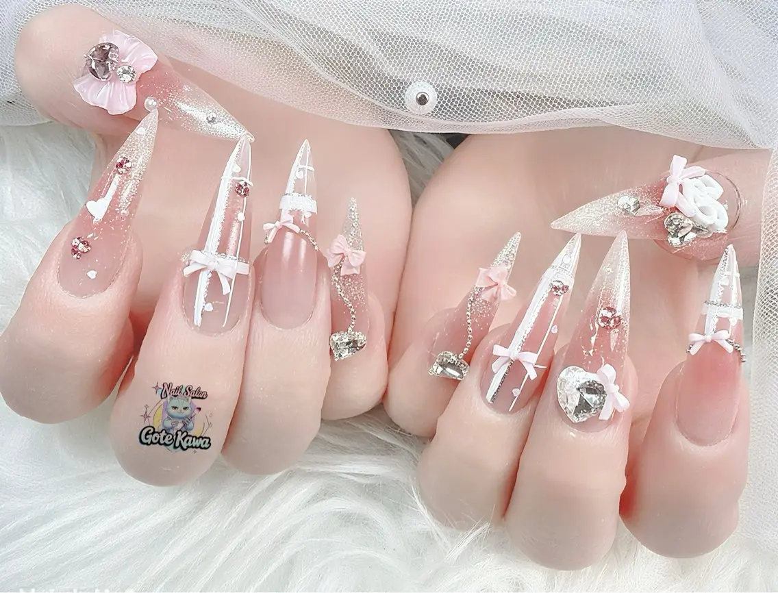 ネイル ハート キラキラネイル リボン 春ネイル ワンホンネイル ハンドネイル ハンドケア Gote Kawa nail salonのネイルデザイン