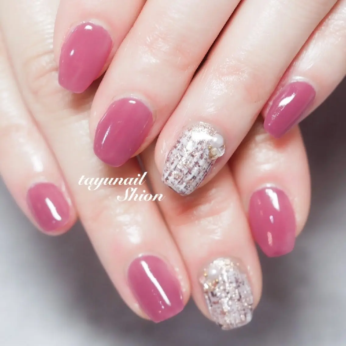 ネイル ジェルネイル 氷ネイル・うるうるネイル パラジェル ピンク ツイードネイル ネイルサロン 【たゆnail】のネイルデザイン