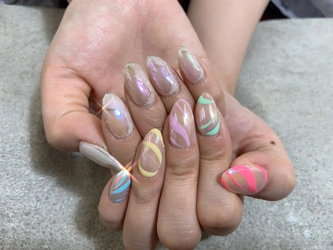 ネイル オーロラネイル ミラーネイル パステルネイル MAXKELLY natsuのネイルデザイン