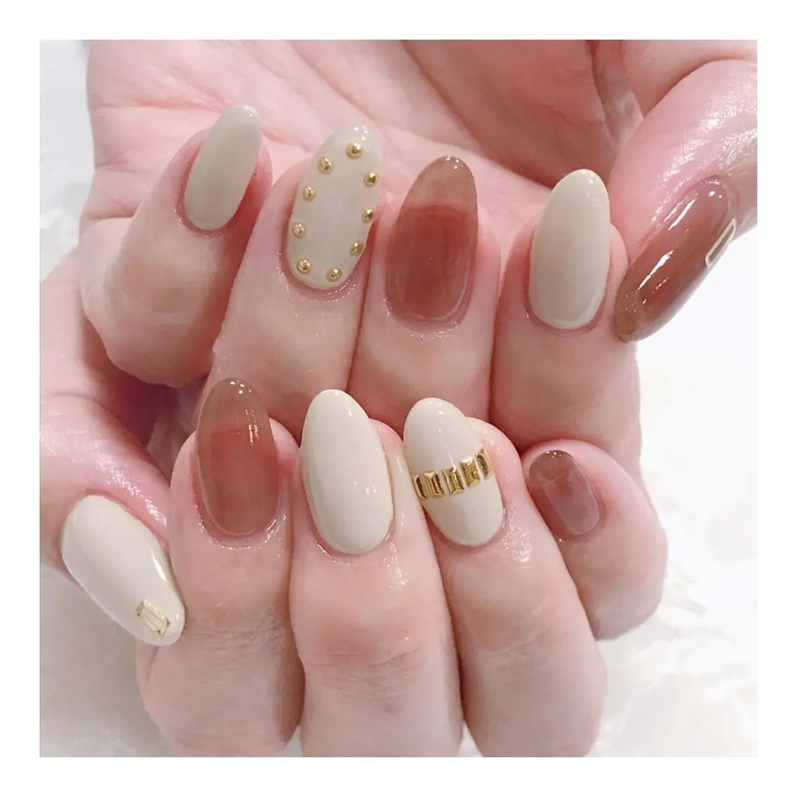 ネイル ブラウン クリアネイル シンプルネイル ストーンネイル 玉造、森ノ宮 fran2 nailのネイルデザイン