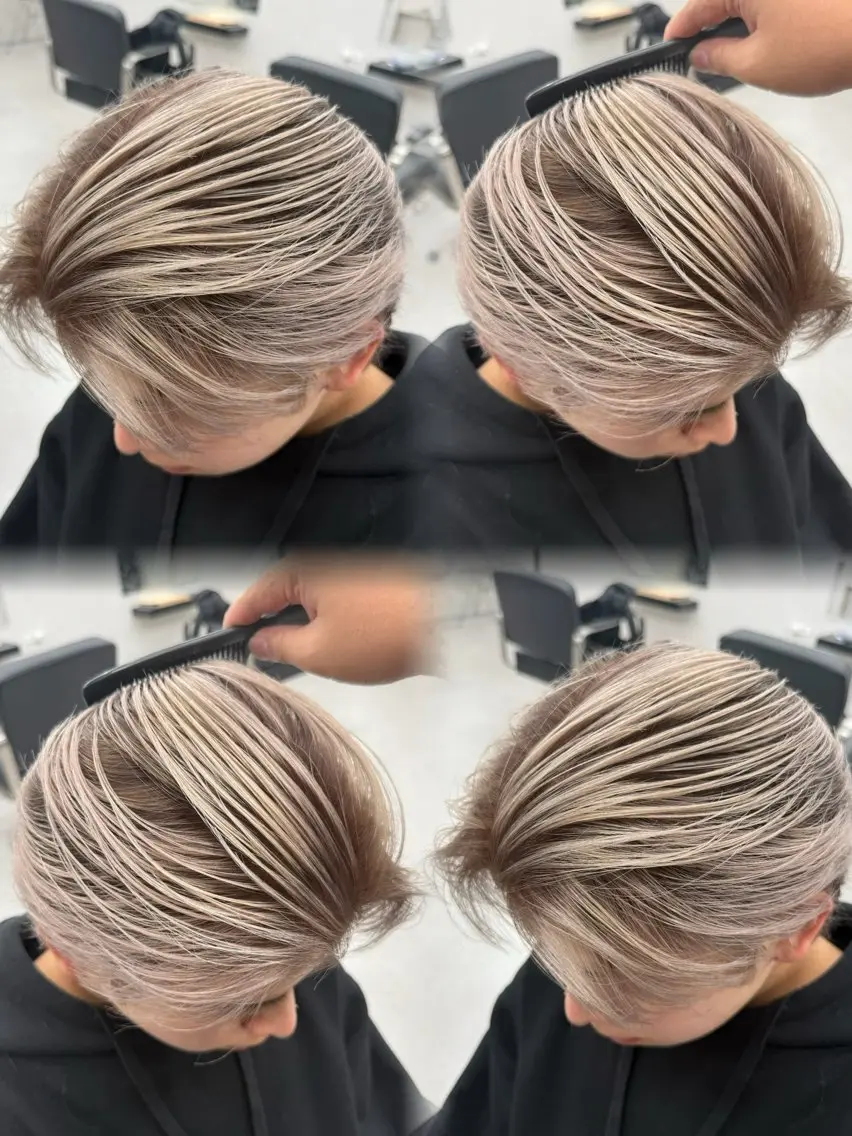 ミディアム カラー メンズ メンズバレイヤージュ センターパート メンズハイライト メンズハイトーン 刈り上げ カット ヘアカラー ⚡️ハイライトカラー /バレイヤージュ⚡️のヘアスタイル
