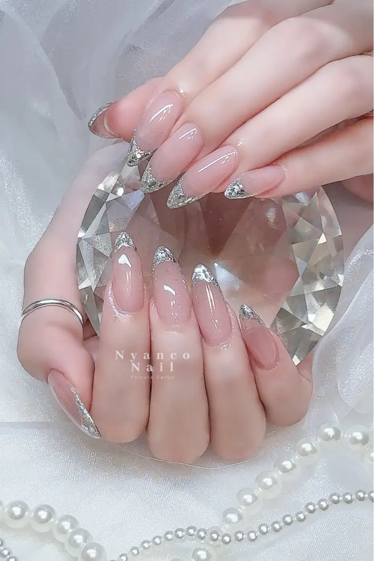 ネイル フレンチネイル ジェルネイル 氷ネイル・うるうるネイル キラキラネイル ロングネイル Nyanco Nailのネイルデザイン