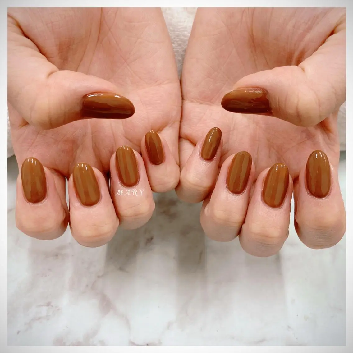 ネイル ブラウン ラメ(グリッター) ニュアンスネイル ワンカラーネイル オレンジ ハンドネイル Mary nail .narumiのネイルデザイン