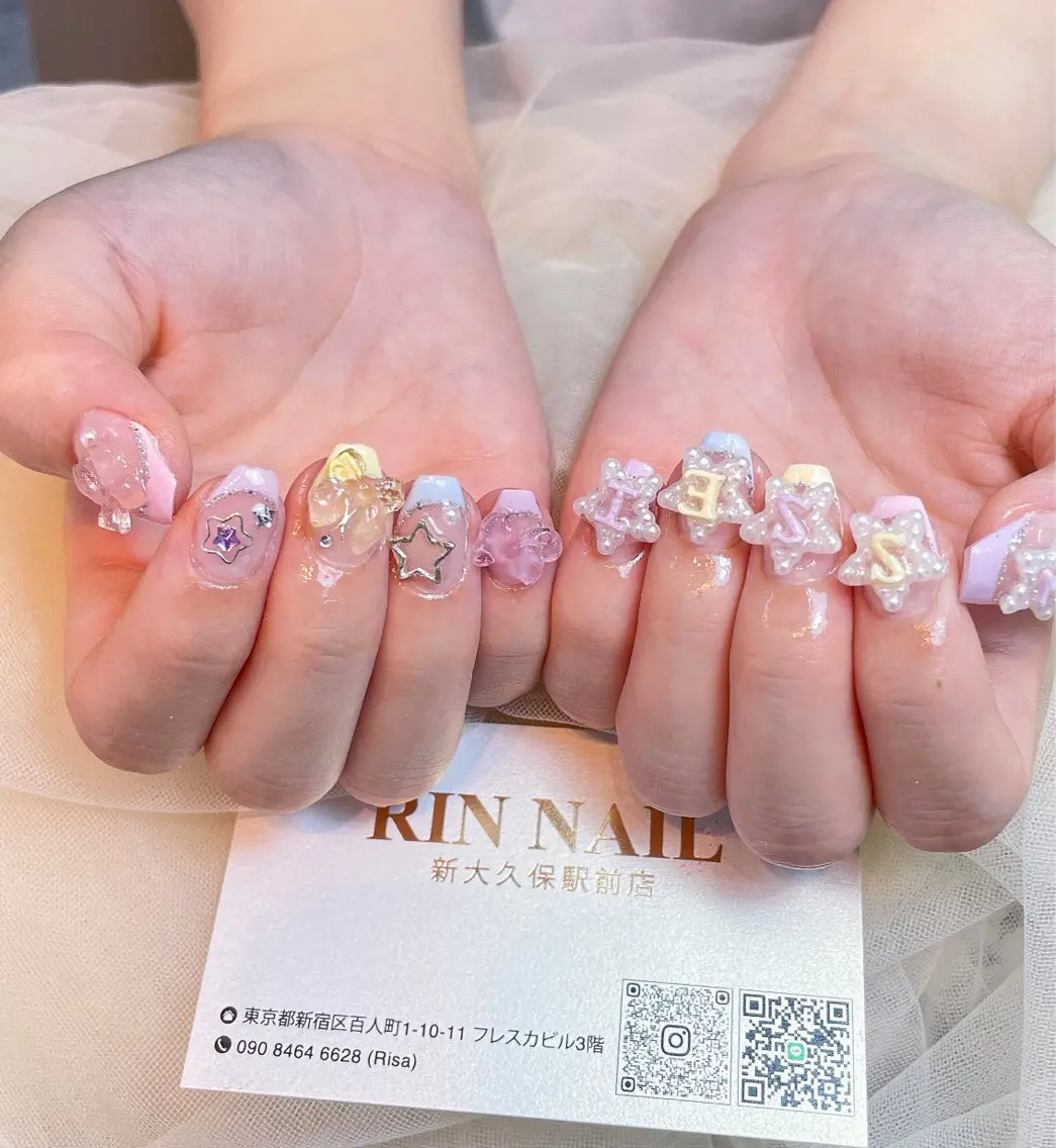 ネイル アートネイル 長さ出し ガーリー 韓国ネイル 持ち込み Rin Nail 新大久保店のネイルデザイン