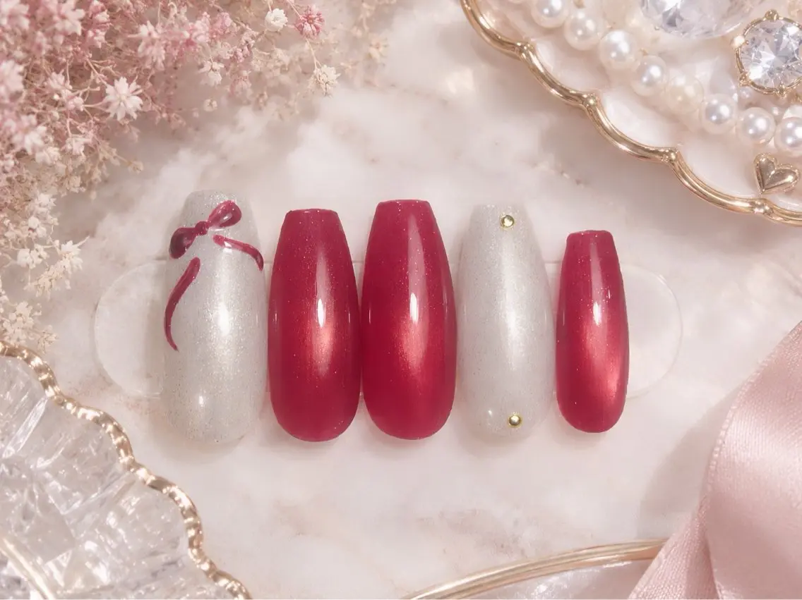 ネイル ガーリー リボン ハンドネイル 🎀TIARA arisa🧸岐阜のネイルデザイン