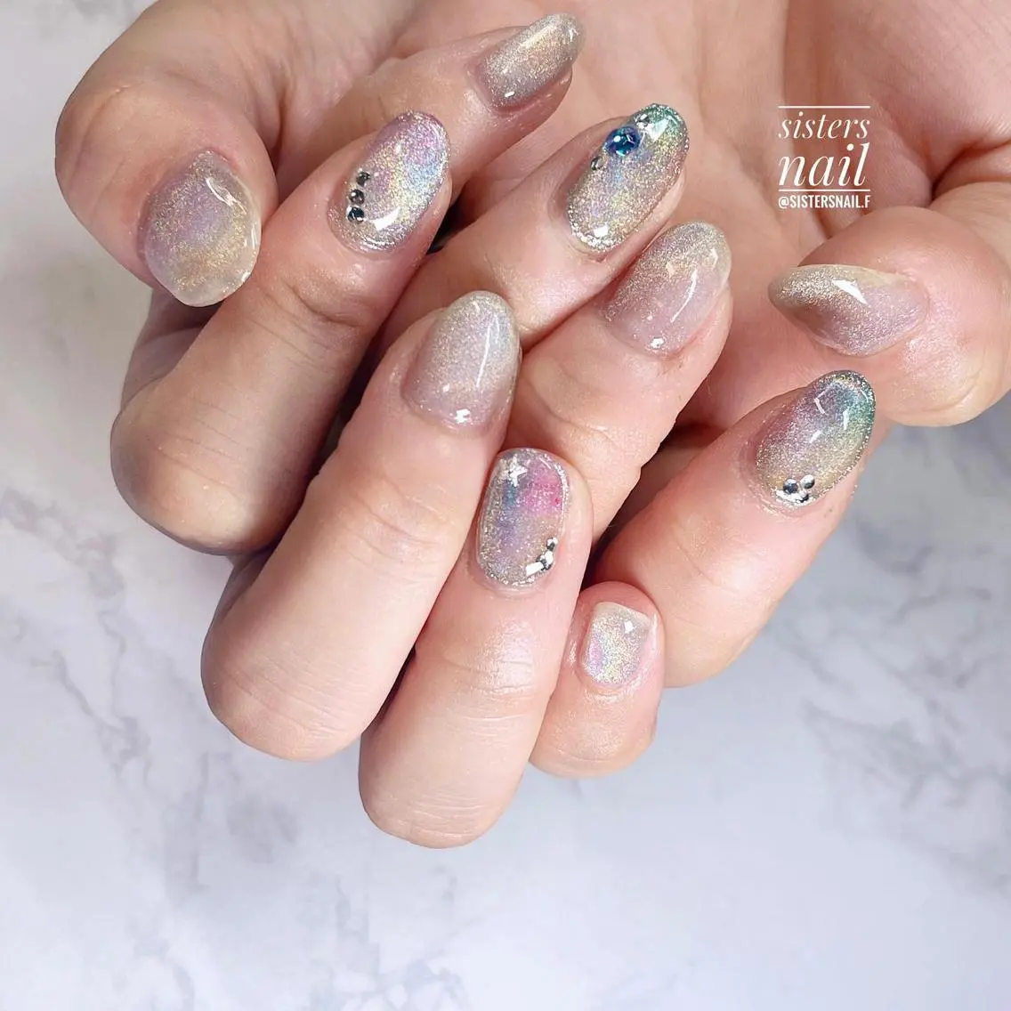 ネイル アートネイル オーロラネイル ブルー クリアネイル ジェルネイル sisters nail.fのネイルデザイン