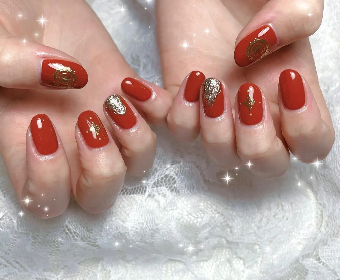 ネイル アートネイル ゴールド ミラーネイル オレンジ ハンドネイル FLARE NAIL フレアネイルのネイルデザイン