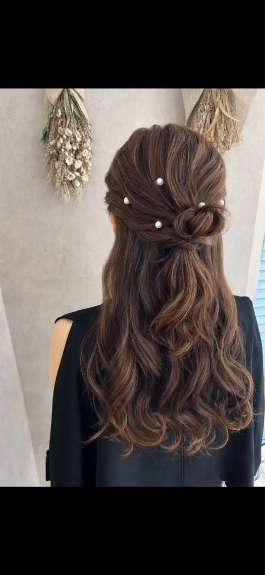 ロング ヘアアレンジ ハーフアップ 結婚式・ブライダル ヘアセット 今福 星南🌟 大阪/ブリーチ🌟のヘアスタイル