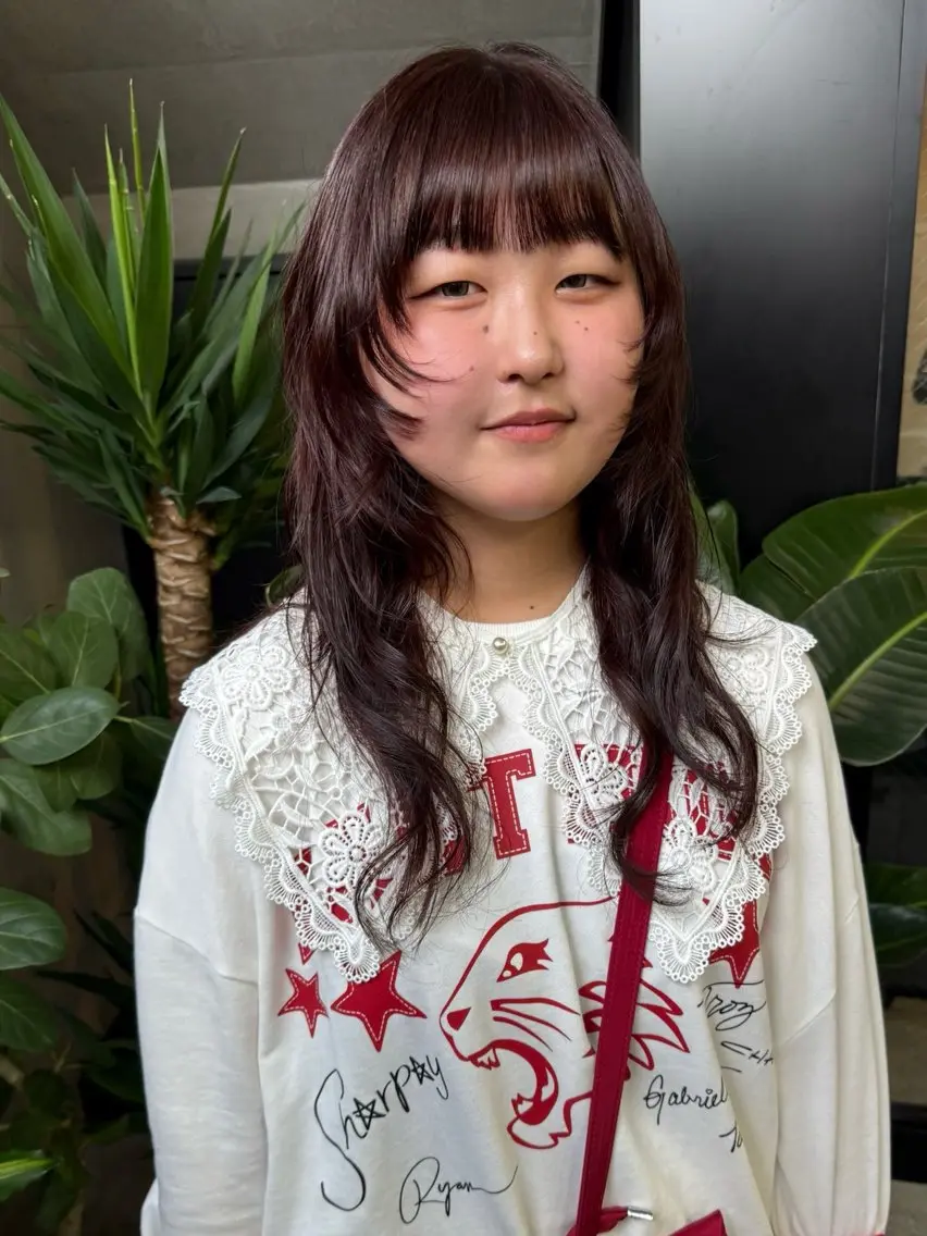 ロング ハッシュカット かきあげバング レイヤーカット シャギー サイドバング カット ヘアカラー レイヤーカット\ウル フ　chinatsuのヘアスタイル