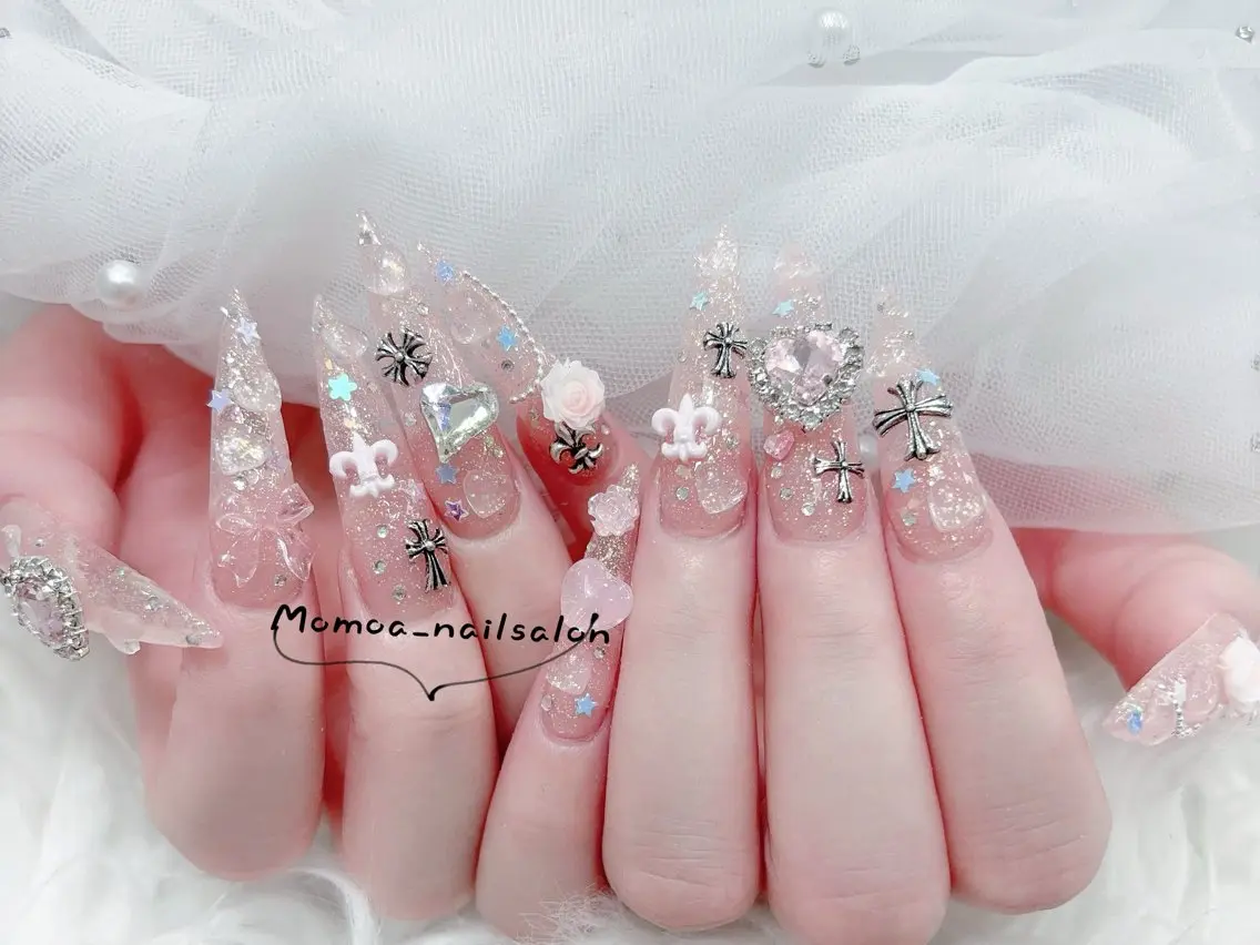 ネイル 成人式 大理石ネイル(マーブル) リボン 夏ネイル ネイルチップ ハンドネイル MoMoA Nail ネイル長さ出し専門店のネイルデザイン