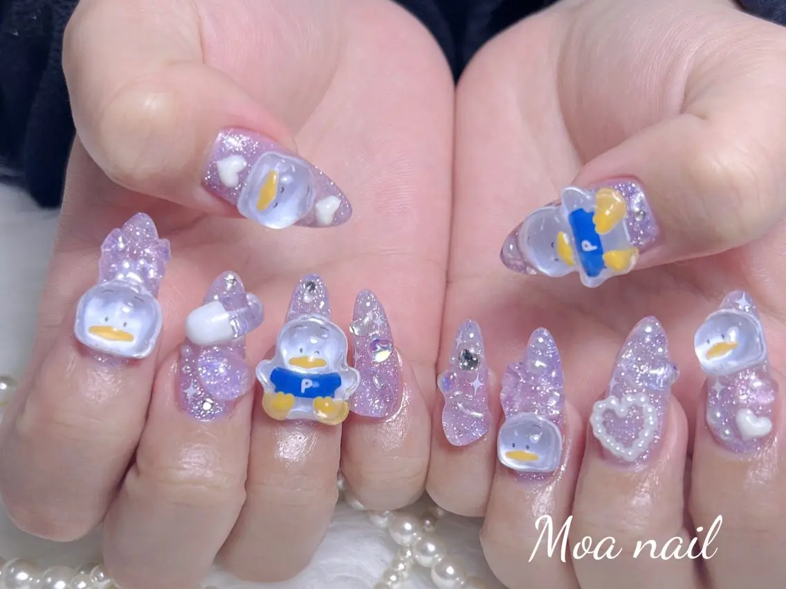 ネイル 長さ出し フレンチネイル ガラスフレンチ ハート キラキラネイル ハンドケア Moa nailのネイルデザイン