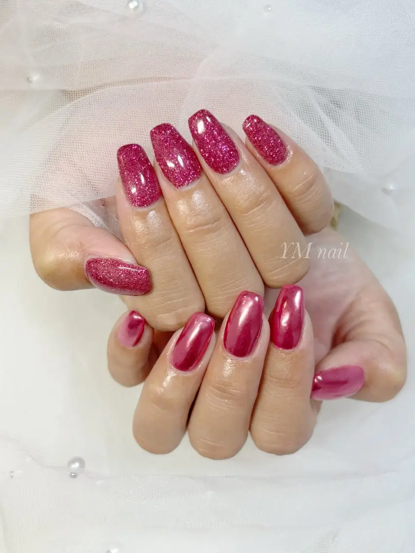 ネイル ジェルネイル キラキラネイル ラメ(グリッター) ミラーネイル ピンク YM nailのネイルデザイン