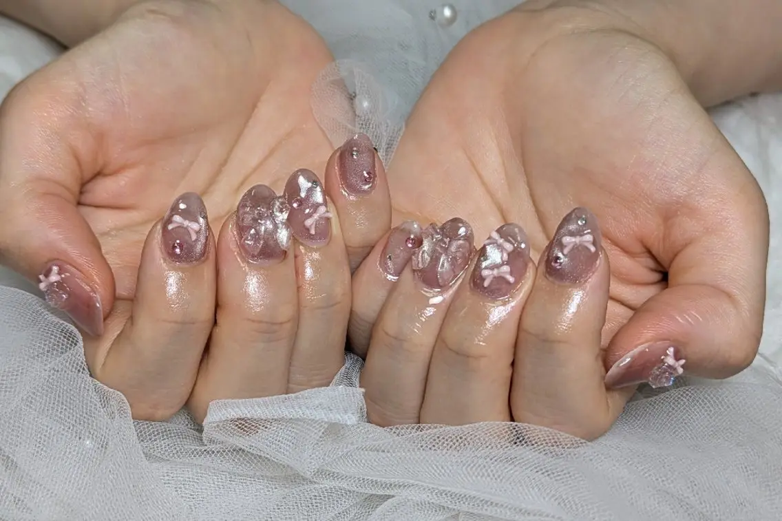 ネイル 韓国ネイル マグネットネイル ピンク リボン シンプルネイル ハンドネイル m&pPrivate nailsalonのネイルデザイン