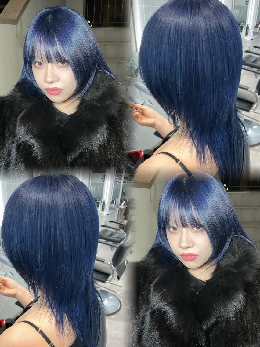 セミロング カラー ブルーカラー ネイビーカラー ヘアカラー トリートメント 表参道/ハイライト バレイヤージュのヘアスタイル