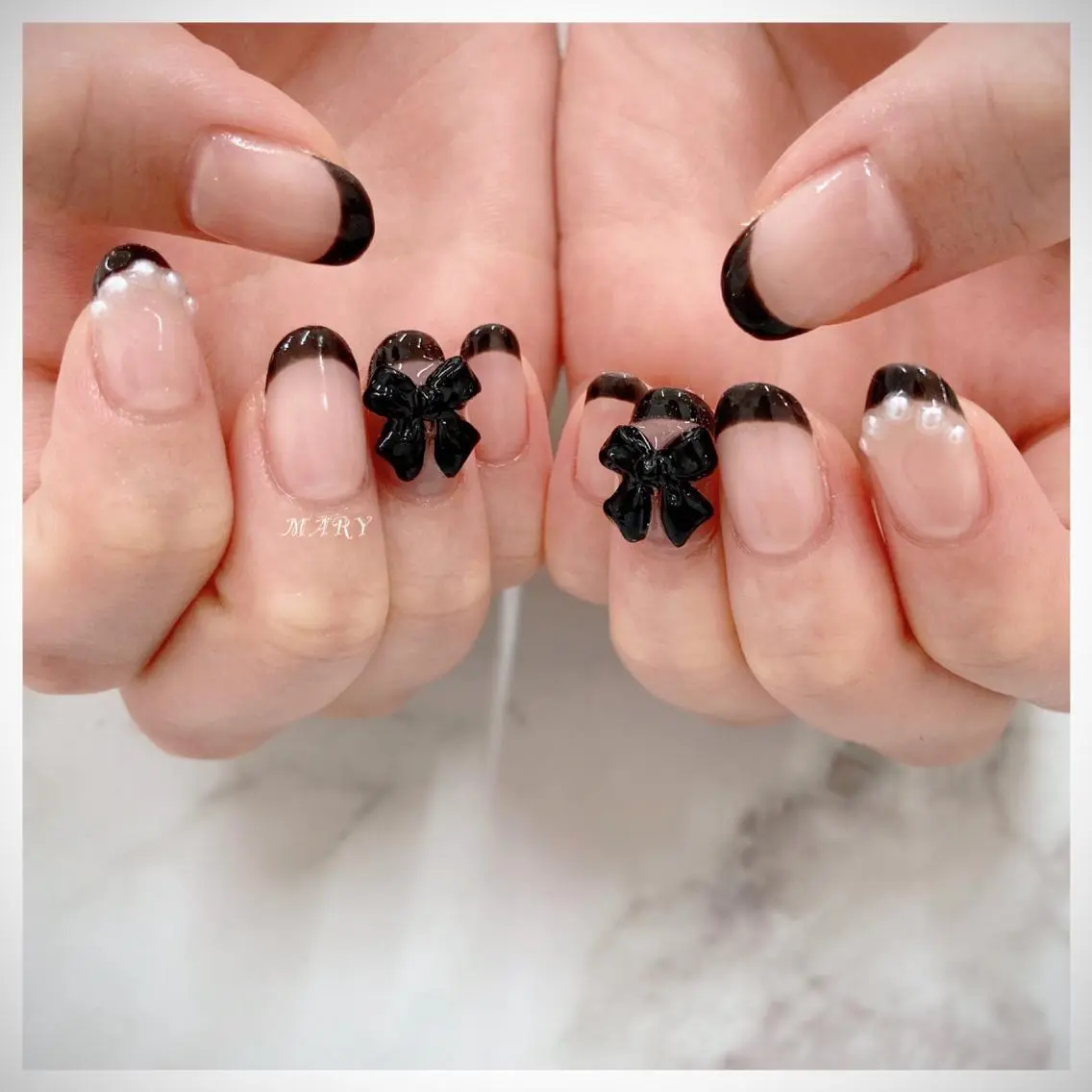 ネイル フレンチネイル ニュアンスネイル リボン ハンドネイル Mary nail .narumiのネイルデザイン