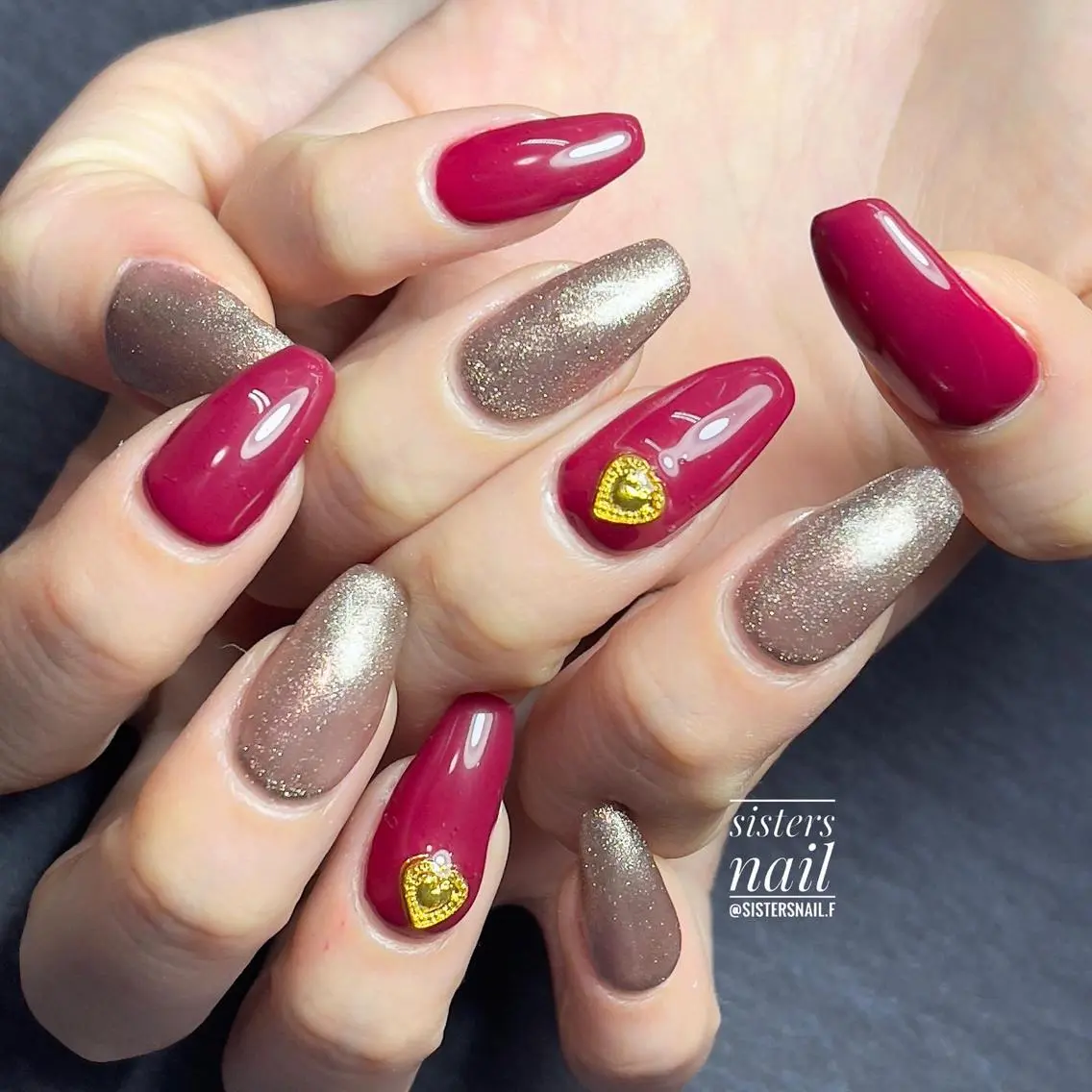 ネイル アートネイル ハート ラメ(グリッター) 赤色 シンプルネイル sisters nail.fのネイルデザイン