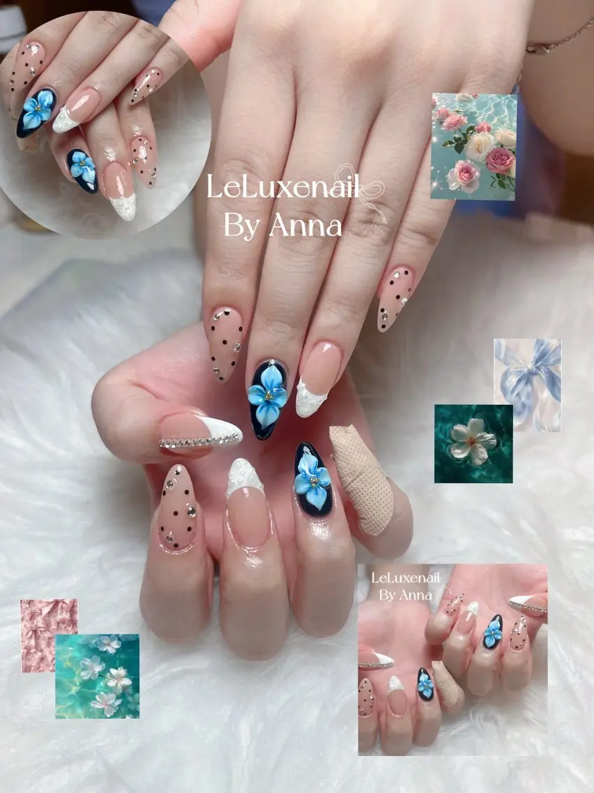 ネイル ブルー ドット フラワーネイル フレンチネイル 春ネイル ハンドネイル le luxe nailsのネイルデザイン