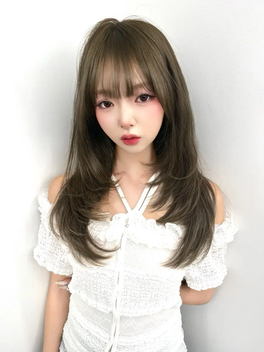 ロング カラー グレージュ ハイレイヤー 韓国風ヘア レイヤーカット 盛れる顔周り✨韓国式 レイヤーkanatoのヘアスタイル