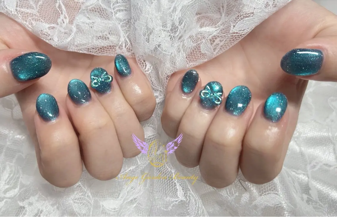 ネイル ブルー クリアネイル マグネットネイル リボン ハンドネイル AngeGarden Beautymihoのネイルデザイン