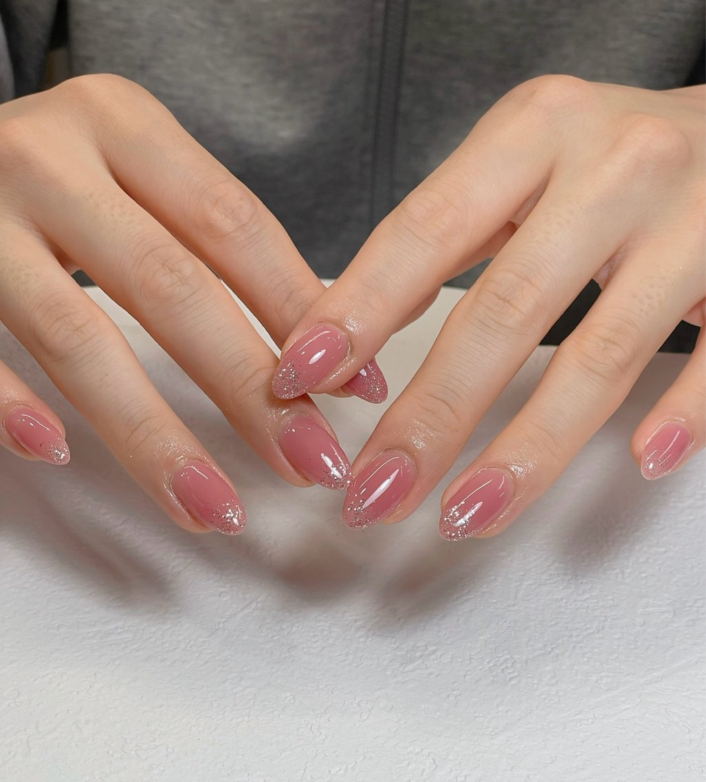 ネイル チークネイル 長さ出し フレンチネイル グラデーション キラキラネイル ハンドネイル MEO NAIL 中野②のネイルデザイン