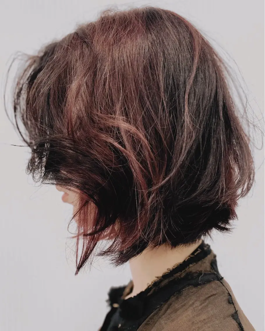 ミディアム カラー 切りっぱなしボブ ブリーチ ブリーチなしカラー ボブ ENO センター南のヘアスタイル