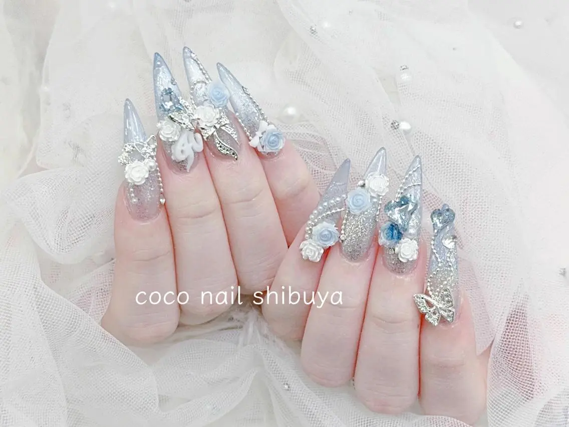 ネイル 成人式 大理石ネイル(マーブル) リボン 夏ネイル ネイルチップ ハンドネイル Min Coco nailのネイルデザイン