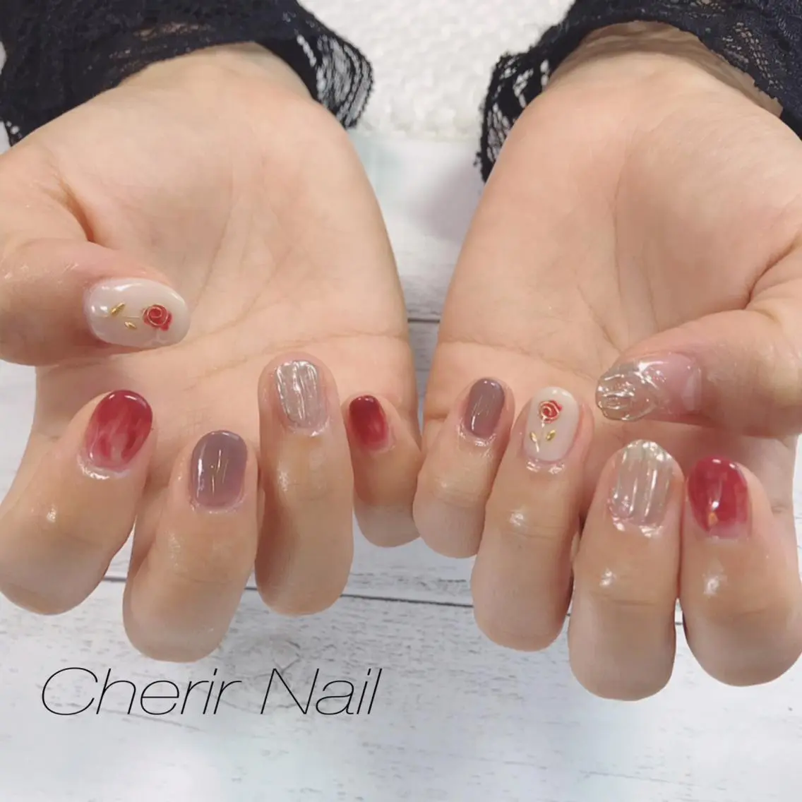ネイル アートネイル フラワーネイル ミラーネイル ニュアンスネイル ショートネイル Cherirnail kaoriのネイルデザイン