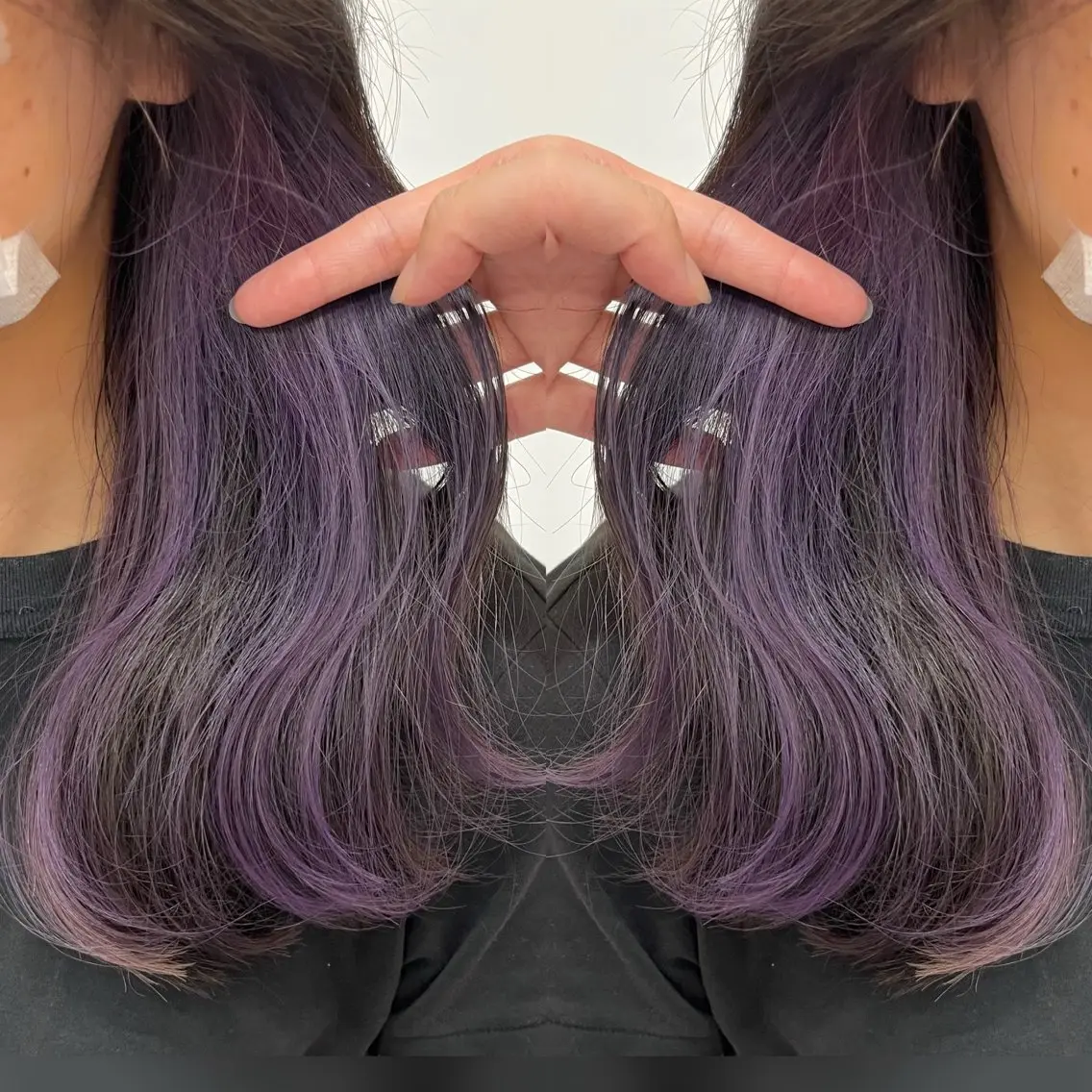 セミロング カラー 黒髪 ブリーチ ラベンダーカラー レイヤーカット/ 暗髪カラー🧸ナシコのヘアスタイル