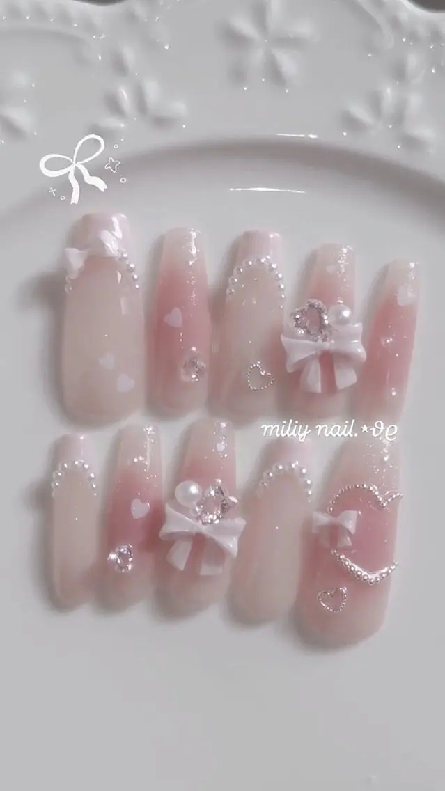 ネイル チークネイル フレンチネイル ガーリー ピンク リボン ハンドネイル miliy nail 🎀上尾のネイルデザイン